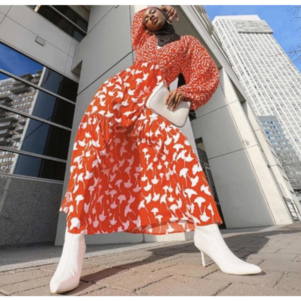 DIANE VON FURSTENBERG red orange and white long sleeve maxi dress sz XXS